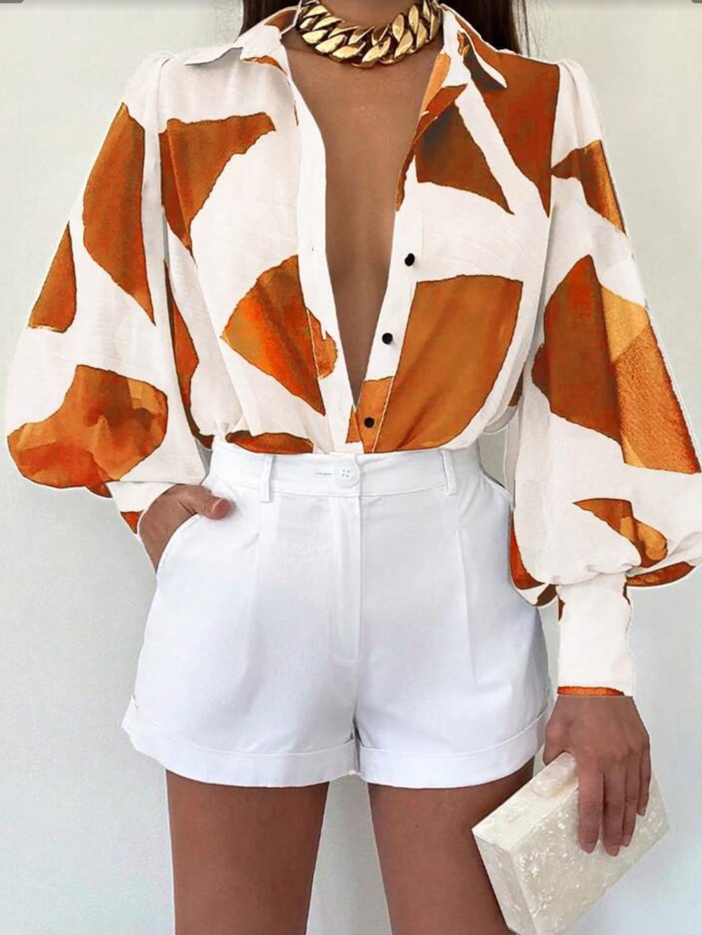 White & Orange Abstract Button-Up Blouse